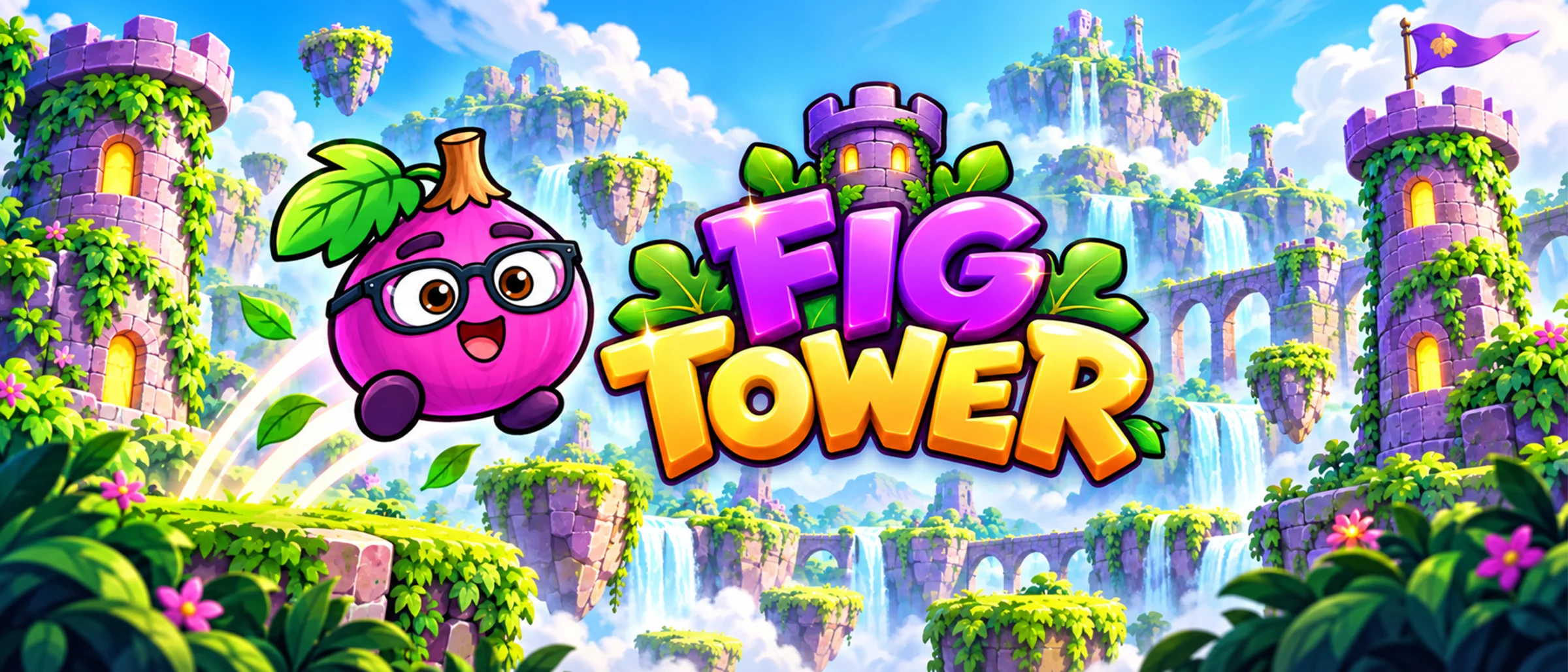 Fig leaps through a magical world of floating islands, purple towers and waterfalls beneath the Fig Tower logo.